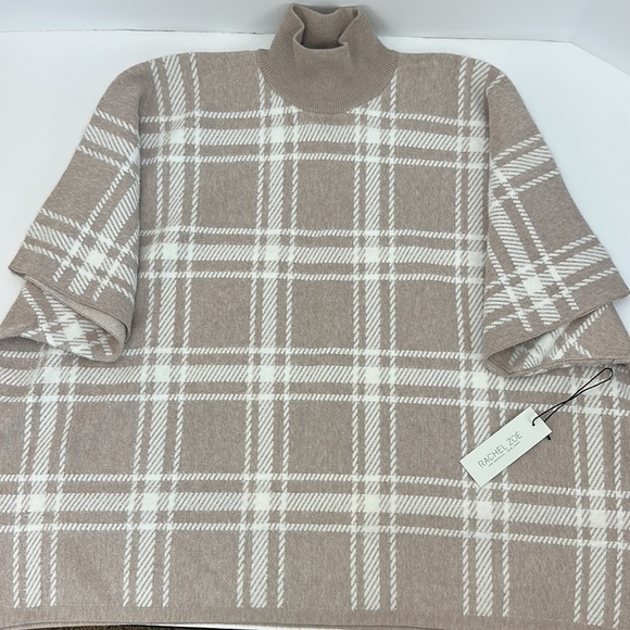 Rachel Zoe Pull Over Poncho Sweater One Size Cream Tan Window Pane Mock Neck - Picture 12 of 12